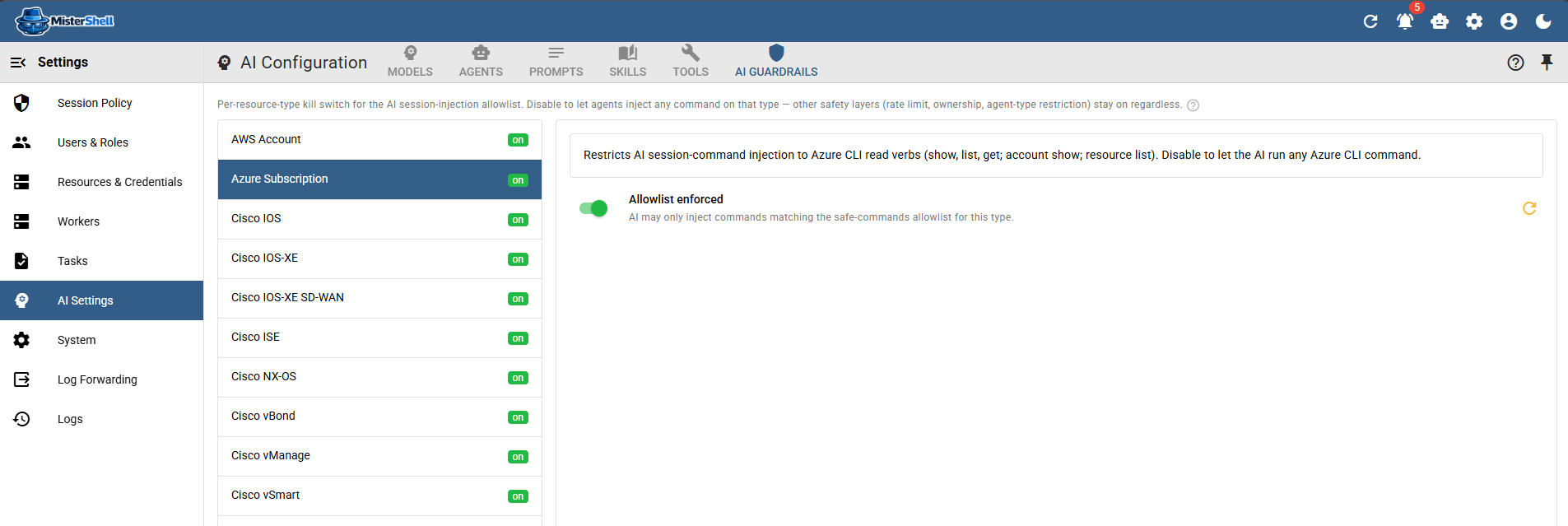 AI guardrails settings with a per-resource-type read-only allowlist