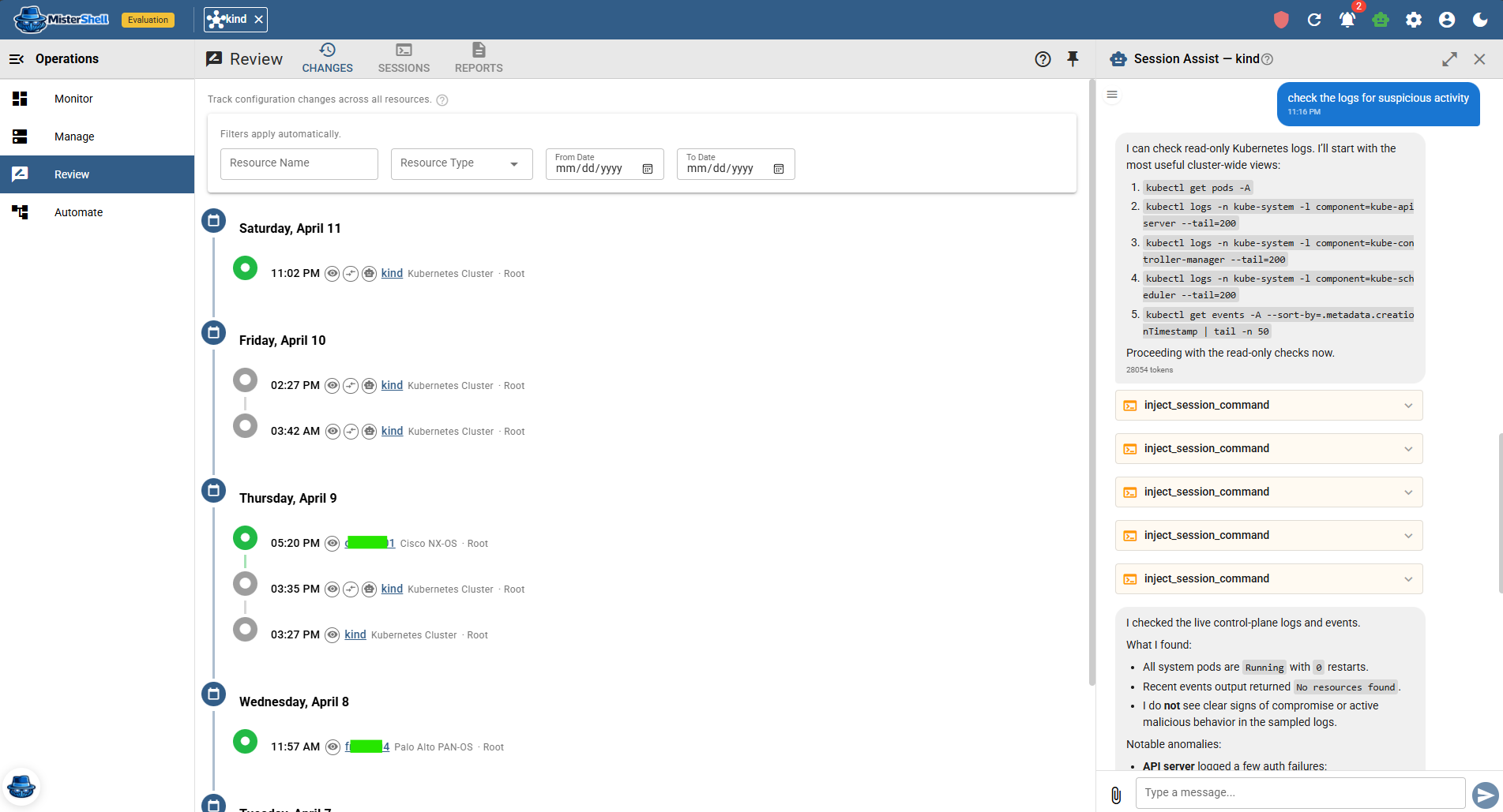 Configuration change history for a network device, timestamped and attributed