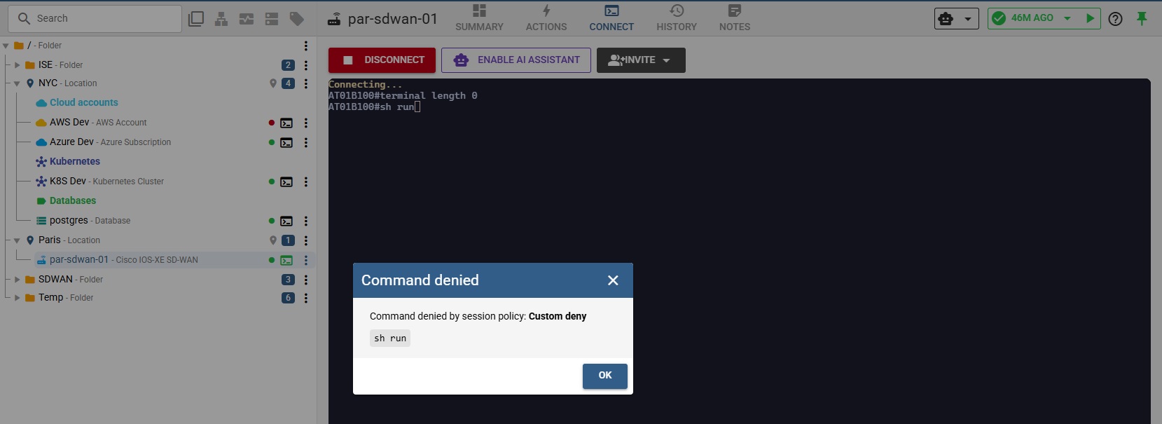 Command denied by session policy in a live session to a Cisco device