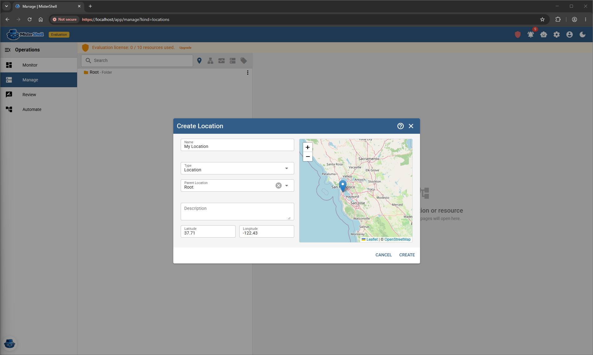 Creating a location, with an optional map pin