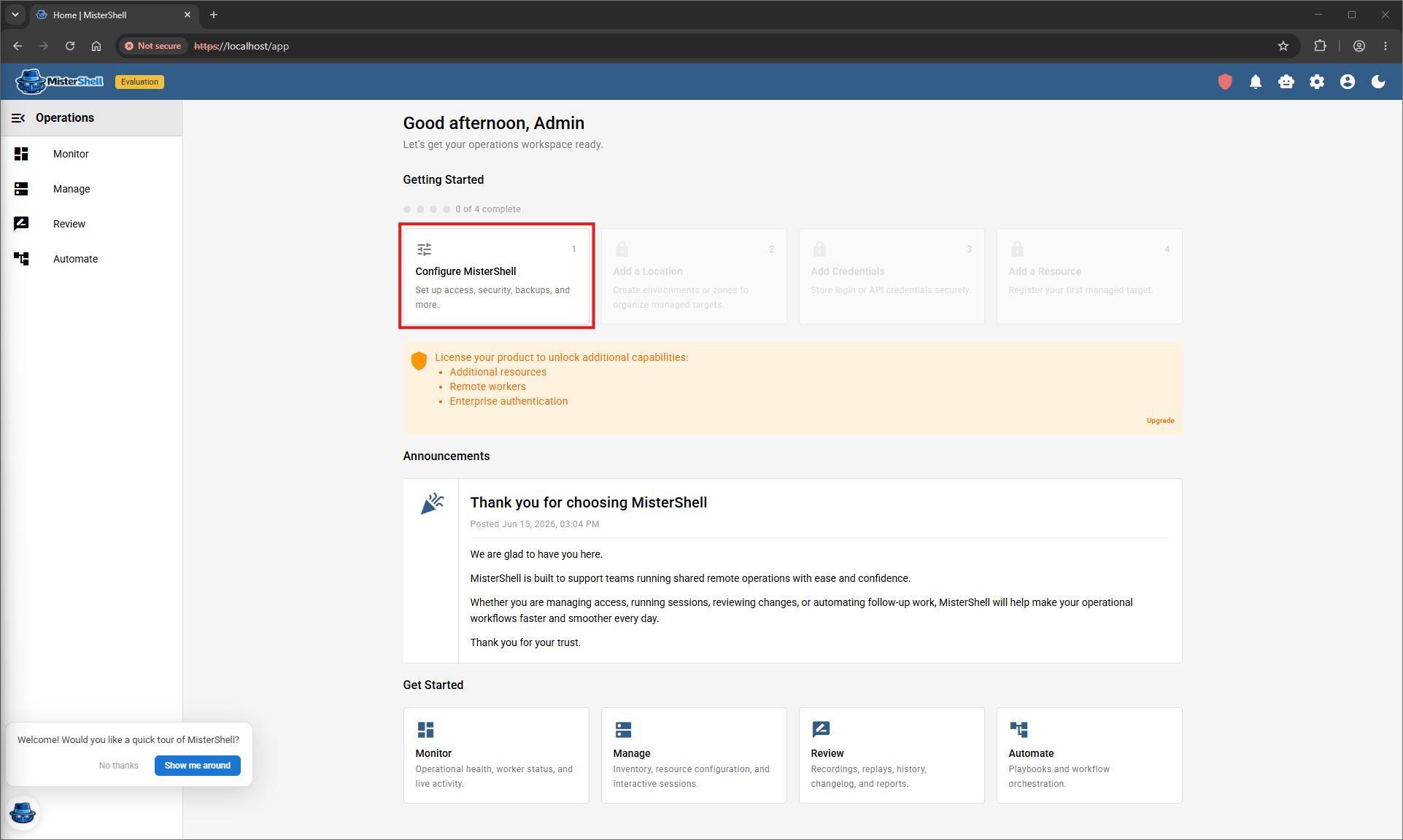 The first-run quick start shown after deploying MisterShell