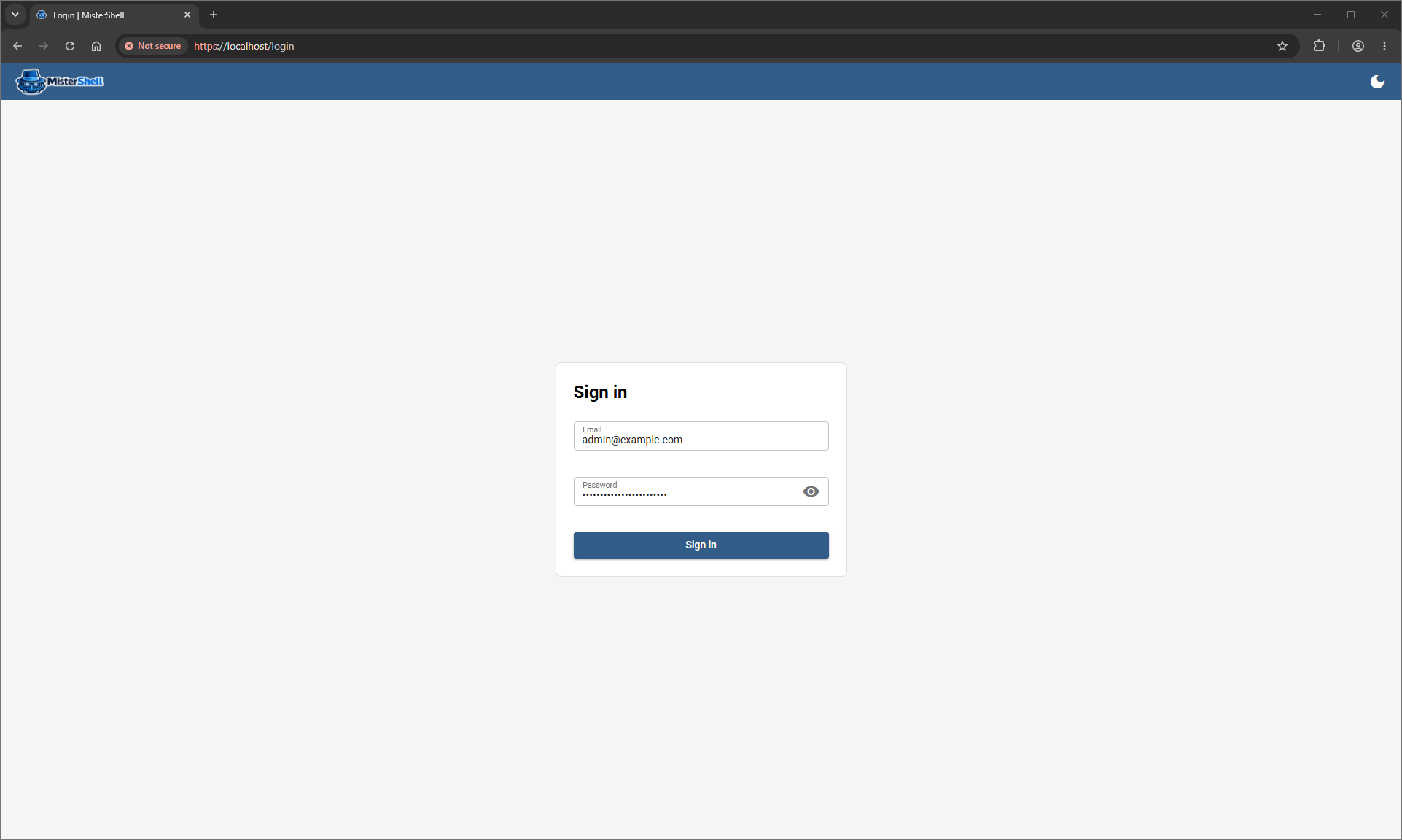 MisterShell sign-in screen