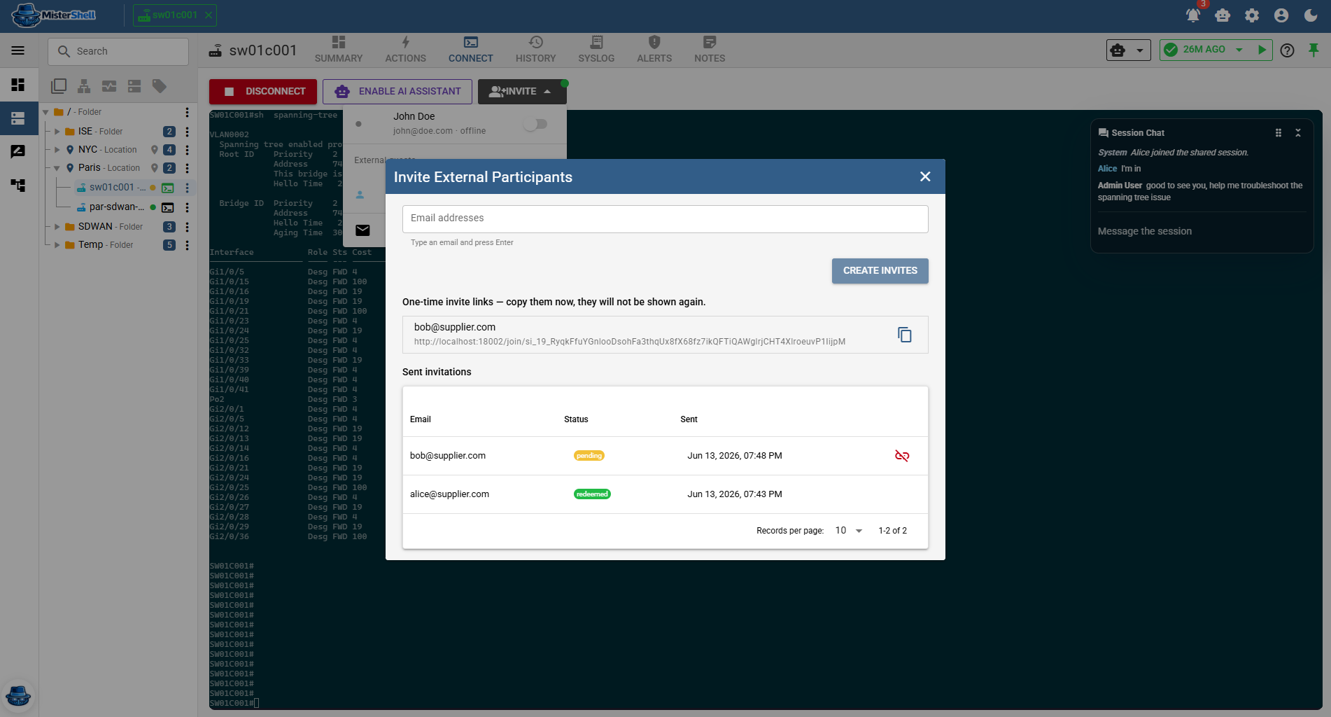 Invite External Participants dialog with one-time join links and pending/redeemed tracking