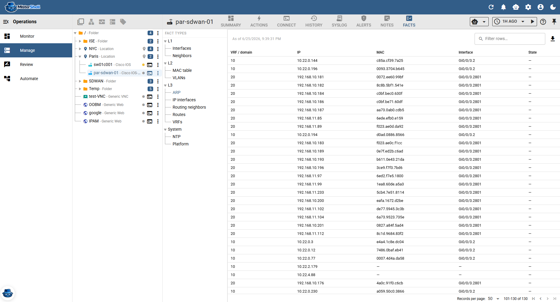 Operational facts tab for a Cisco IOS-XE SD-WAN router — fact types grouped by category with the ARP table open