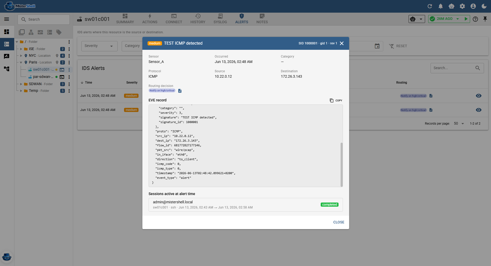 IDS alert linked automatically to the managed resource it involves