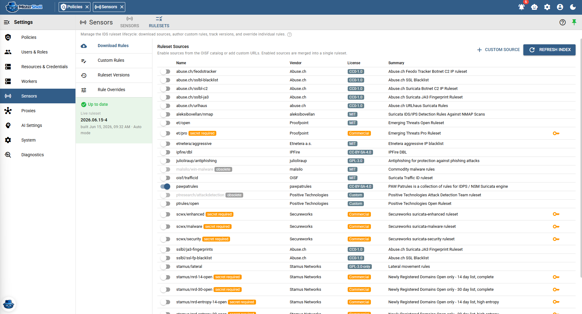 IDS ruleset sources: a catalog of curated detection rule sources with vendor and license