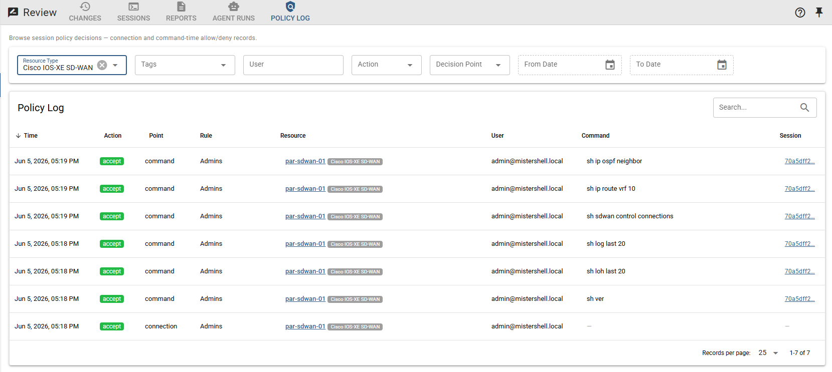 Per-command policy log on a Cisco IOS-XE SD-WAN device