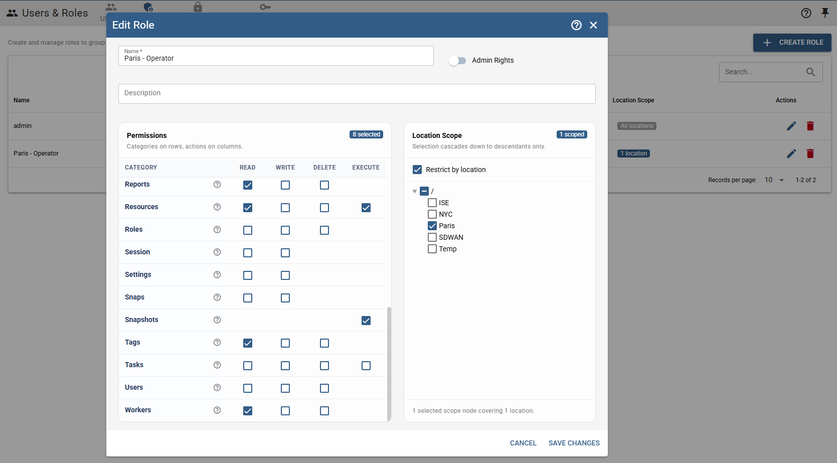 A role scoped to specific locations, so access follows the org tree