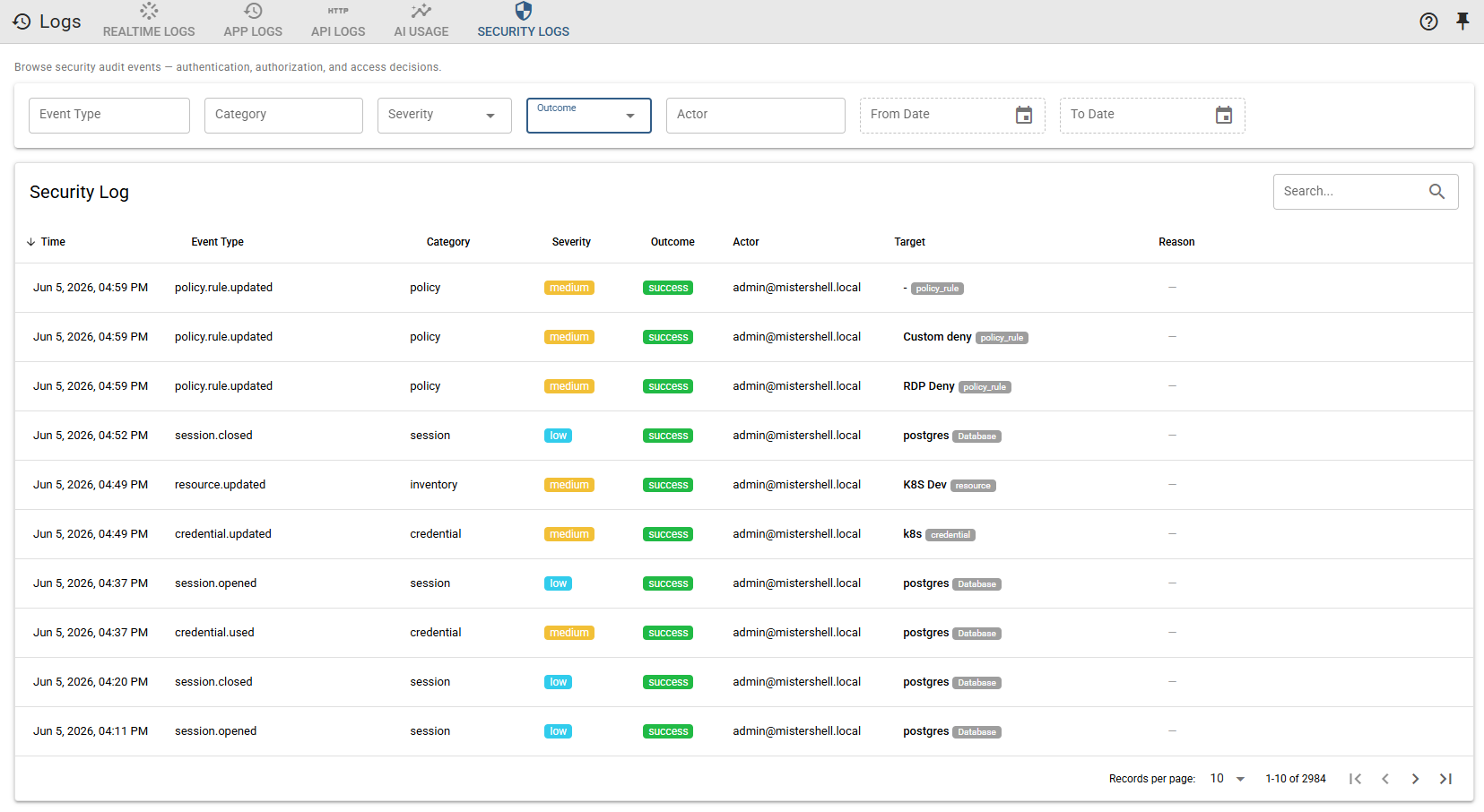 Security events — authentication, session and credential use — attributed and filterable