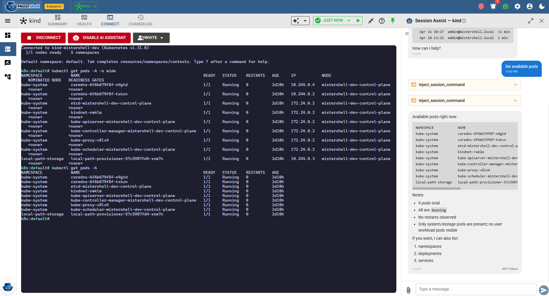 An SSH session in the browser with the AI assistant alongside, grounded in live session context