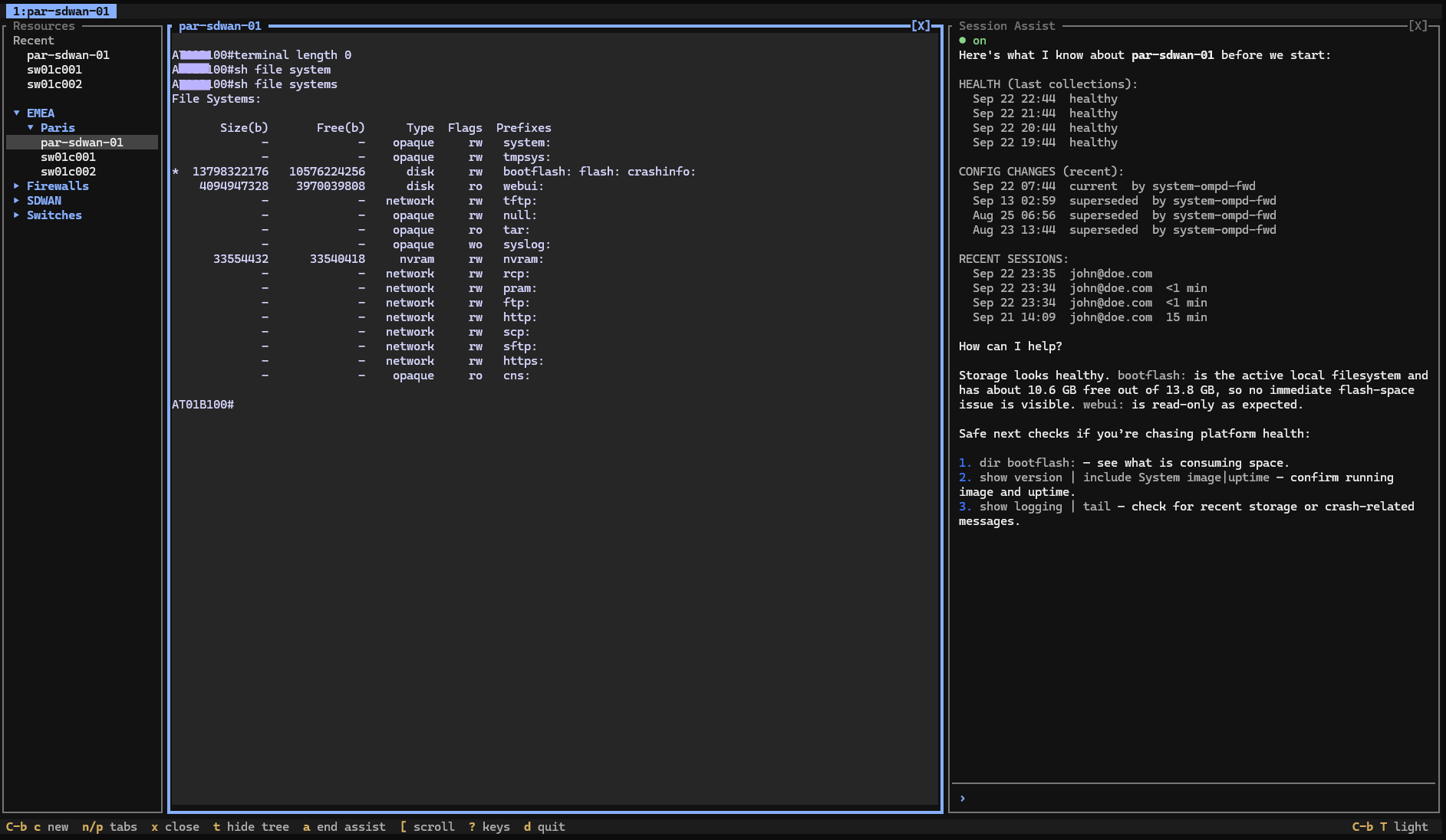 The MisterShell terminal workspace reached from an SSH client — resource tree, session tabs and AI assistance around a live Cisco SD-WAN session